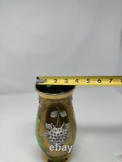 Antique Bohemia Czech Egermann Green Glass Gold Gild Vase Applied Enamel Flower