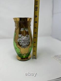 Antique Bohemia Czech Egermann Green Glass Gold Gild Vase Applied Enamel Flower