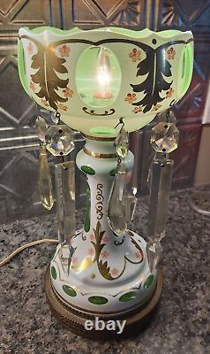 Antique Bohemia Glass Electric Lamp Luster Gold, Green, White Czech 13-1/4