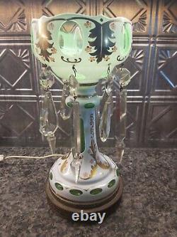 Antique Bohemia Glass Electric Lamp Luster Gold, Green, White Czech 13-1/4