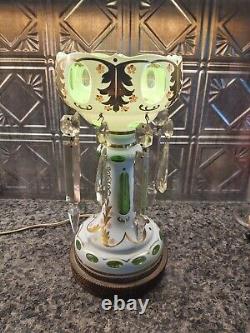 Antique Bohemia Glass Electric Lamp Luster Gold, Green, White Czech 13-1/4