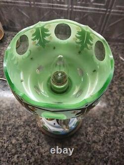 Antique Bohemia Glass Electric Lamp Luster Gold, Green, White Czech 13-1/4