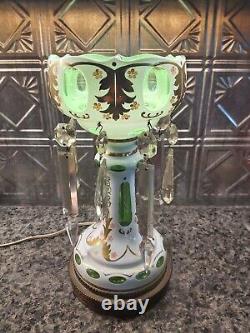 Antique Bohemia Glass Electric Lamp Luster Gold, Green, White Czech 13-1/4