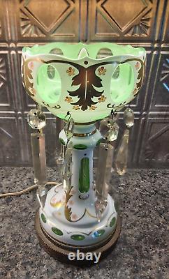 Antique Bohemia Glass Electric Lamp Luster Gold, Green, White Czech 13-1/4