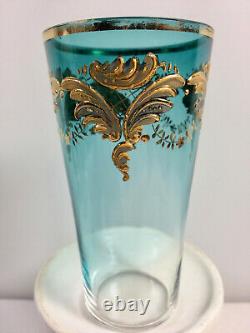 Antique Bohemia Moser Glass Gold Gilt Tumbler, Clear To Blue, Hand Blown Painted