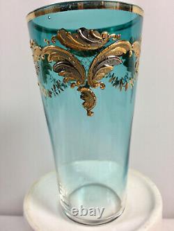 Antique Bohemia Moser Glass Gold Gilt Tumbler, Clear To Blue, Hand Blown Painted