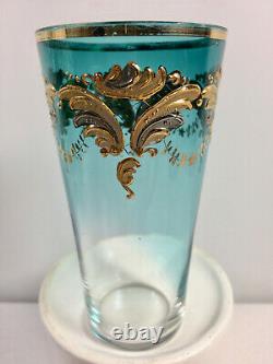 Antique Bohemia Moser Glass Gold Gilt Tumbler, Clear To Blue, Hand Blown Painted