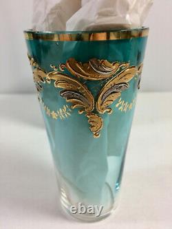 Antique Bohemia Moser Glass Gold Gilt Tumbler, Clear To Blue, Hand Blown Painted