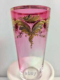 Antique Bohemia Moser Glass Gold Gilt Tumbler, Clear To Cranberry, Excellent