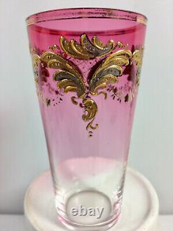 Antique Bohemia Moser Glass Gold Gilt Tumbler, Clear To Cranberry, Excellent