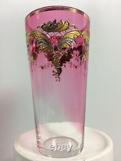 Antique Bohemia Moser Glass Gold Gilt Tumbler, Clear To Cranberry, Excellent