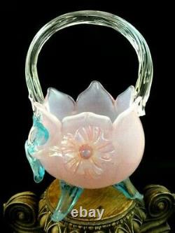 Antique Bohemian Applied Pink Opalescent & Blue Floriform Art Glass Basket Vase