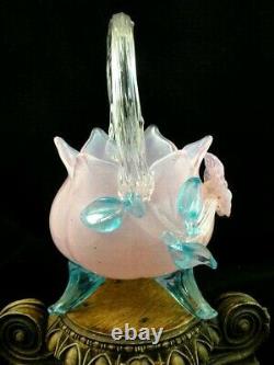 Antique Bohemian Applied Pink Opalescent & Blue Floriform Art Glass Basket Vase