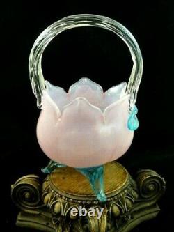 Antique Bohemian Applied Pink Opalescent & Blue Floriform Art Glass Basket Vase