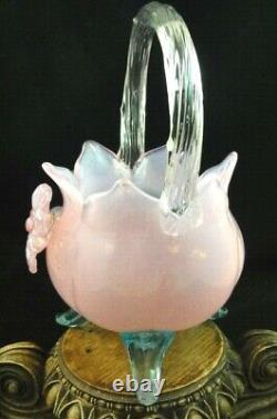 Antique Bohemian Applied Pink Opalescent & Blue Floriform Art Glass Basket Vase