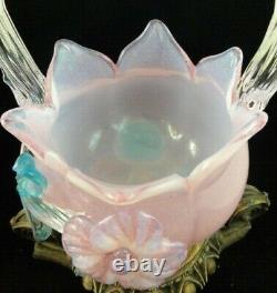 Antique Bohemian Applied Pink Opalescent & Blue Floriform Art Glass Basket Vase