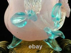 Antique Bohemian Applied Pink Opalescent & Blue Floriform Art Glass Basket Vase