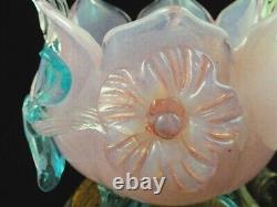 Antique Bohemian Applied Pink Opalescent & Blue Floriform Art Glass Basket Vase