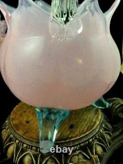 Antique Bohemian Applied Pink Opalescent & Blue Floriform Art Glass Basket Vase