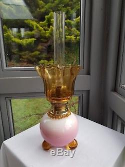 Antique Bohemian Burmese Art Glass Peach Blow Amber Squat Duplex Oil Lamp Shade