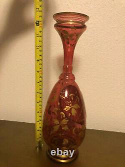 Antique Bohemian Cranberry Glass Lady Portrait Vase Gold and multi colors (chip)