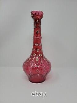 Antique Bohemian Cranberry Glass Vase With Gold Floral Design Victorian 11 3/4
