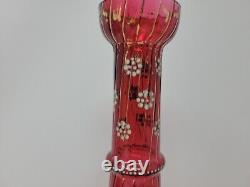 Antique Bohemian Cranberry Glass Vase With Gold Floral Design Victorian 11 3/4