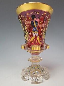 Antique Bohemian Cranberry Hand Painted Enamel Glass Vase
