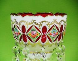Antique Bohemian Cut To Cranberry cased & Enameled Glass Lusters, 19th c 10 1/4
