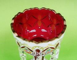 Antique Bohemian Cut To Cranberry cased & Enameled Glass Lusters, 19th c 10 1/4