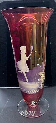 Antique Bohemian Czech Art Glass Cranberry Vase Mary Gregory Girl Playing Hoop