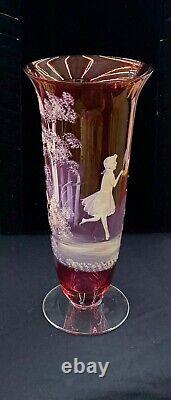 Antique Bohemian Czech Art Glass Cranberry Vase Mary Gregory Girl Playing Hoop