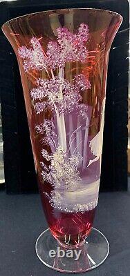 Antique Bohemian Czech Art Glass Cranberry Vase Mary Gregory Girl Playing Hoop