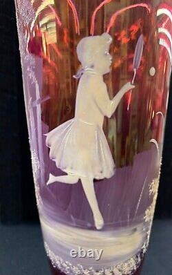 Antique Bohemian Czech Art Glass Cranberry Vase Mary Gregory Girl Playing Hoop