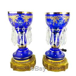 Antique Bohemian Czech Cobalt Blue Enamel Flower Electric Glass Mantle Lusters