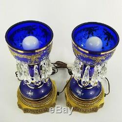 Antique Bohemian Czech Cobalt Blue Enamel Flower Electric Glass Mantle Lusters