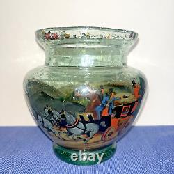 Antique Bohemian Czech Hand Painted Polychrome/Enamel STAGE COACH Art Glass Vase