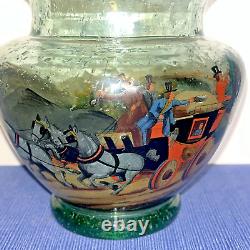 Antique Bohemian Czech Hand Painted Polychrome/Enamel STAGE COACH Art Glass Vase