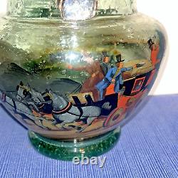 Antique Bohemian Czech Hand Painted Polychrome/Enamel STAGE COACH Art Glass Vase