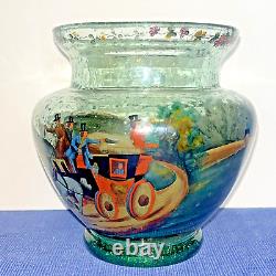 Antique Bohemian Czech Hand Painted Polychrome/Enamel STAGE COACH Art Glass Vase