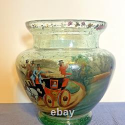 Antique Bohemian Czech Hand Painted Polychrome/Enamel STAGE COACH Art Glass Vase