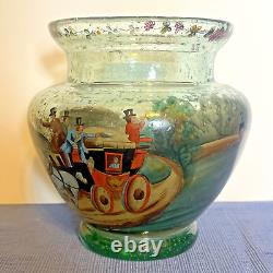 Antique Bohemian Czech Hand Painted Polychrome/Enamel STAGE COACH Art Glass Vase