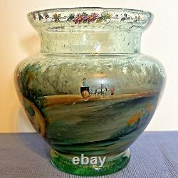 Antique Bohemian Czech Hand Painted Polychrome/Enamel STAGE COACH Art Glass Vase