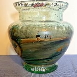 Antique Bohemian Czech Hand Painted Polychrome/Enamel STAGE COACH Art Glass Vase