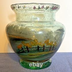 Antique Bohemian Czech Hand Painted Polychrome/Enamel STAGE COACH Art Glass Vase