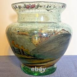 Antique Bohemian Czech Hand Painted Polychrome/Enamel STAGE COACH Art Glass Vase