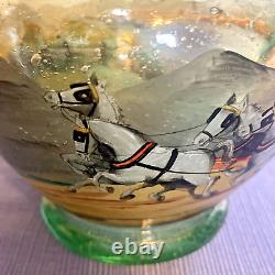 Antique Bohemian Czech Hand Painted Polychrome/Enamel STAGE COACH Art Glass Vase