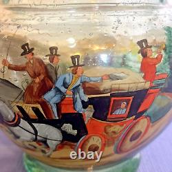 Antique Bohemian Czech Hand Painted Polychrome/Enamel STAGE COACH Art Glass Vase