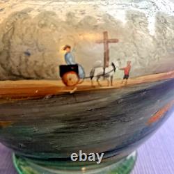 Antique Bohemian Czech Hand Painted Polychrome/Enamel STAGE COACH Art Glass Vase