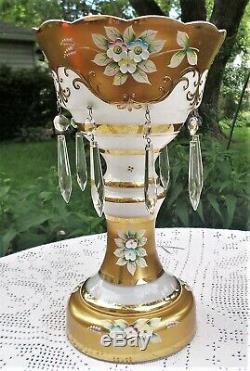 Antique Bohemian Czech Moser Glass Mantle Lustres Lusters Gilded Raised Enamel